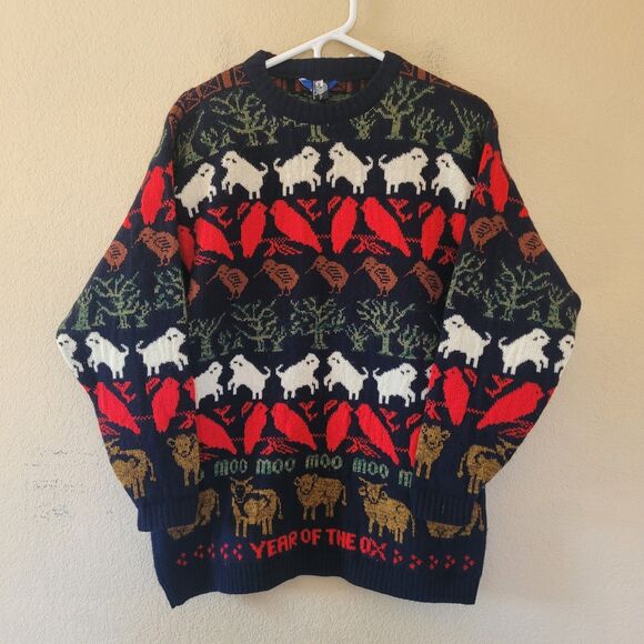 Vtg Scan Alp Alpine PURE 100% Wool Farm Year Of Ox Sweater Small Birds Zealand - Picture 1 of 8